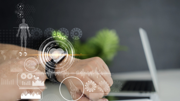 Businessman checking her smart watch to realize the status of data protection and personal confidential information. Blue glowing icons. Padlock and business symbols. Concept of cyber security