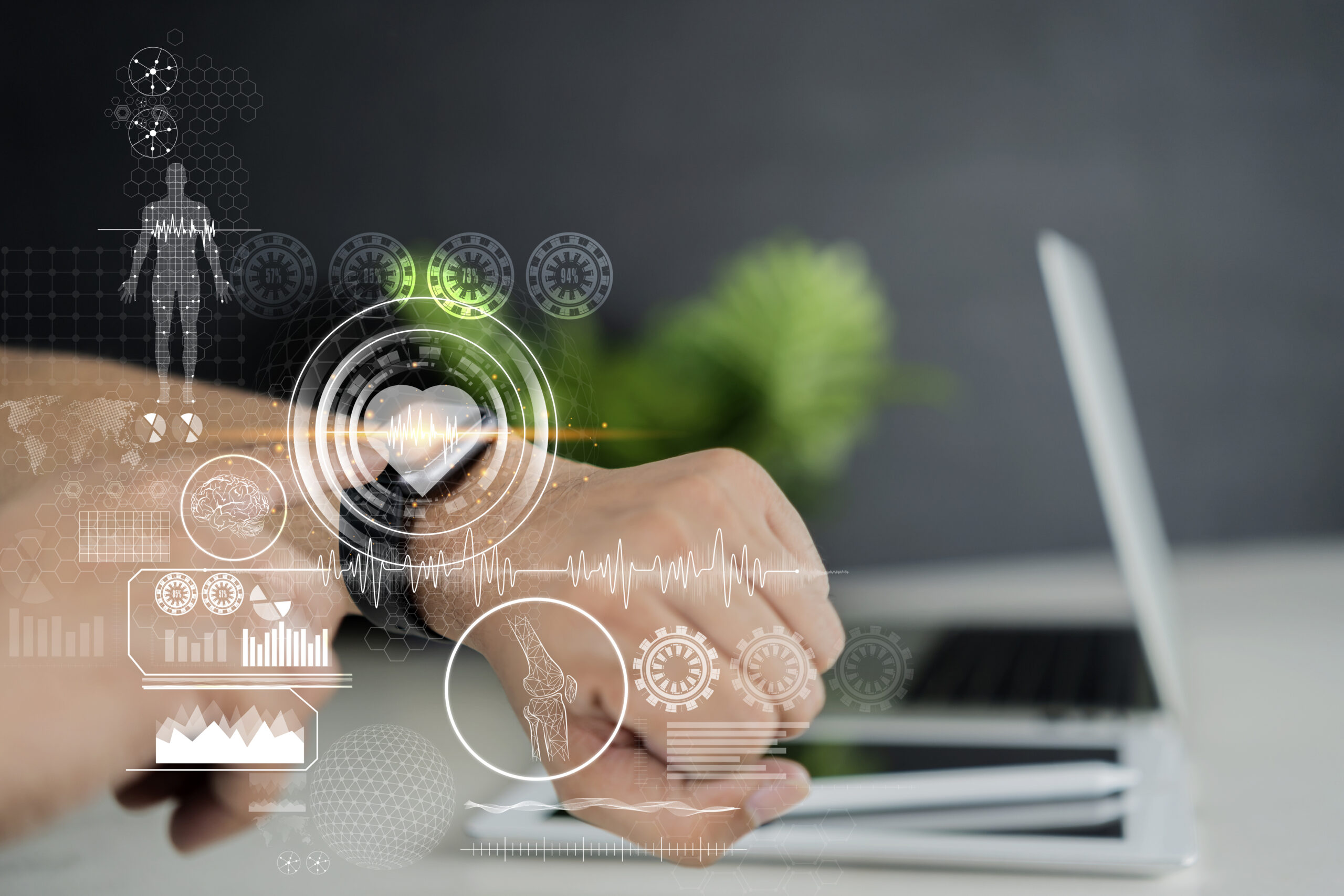 Businessman checking her smart watch to realize the status of data protection and personal confidential information. Blue glowing icons. Padlock and business symbols. Concept of cyber security